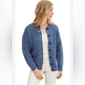 Aran Woollen Mill Achill Island Ladies Aran Cardigan - Denim Chunky Cableknit L